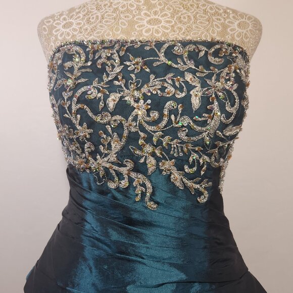 Allure Women's Size 14 Teal Strapless A-Line Appliques Taffeta Prom Dress Formal - Picture 3 of 14